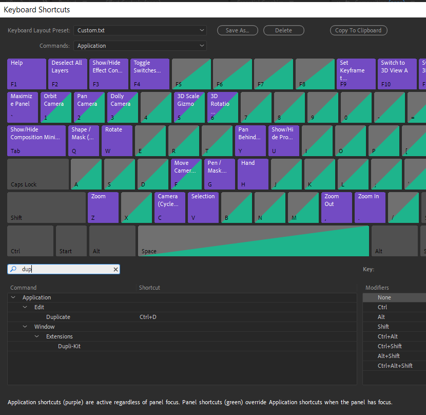 My Edit>Keyboard Shortcuts search for 'dup'
