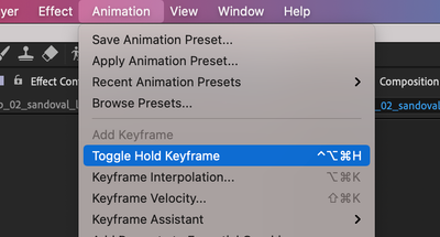 Toggle Hold Keyframe under the Animation pulldown menu