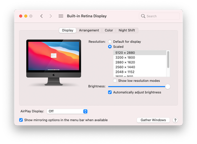 macOS Display Settings with the Resolution set to 5120 x 2880.