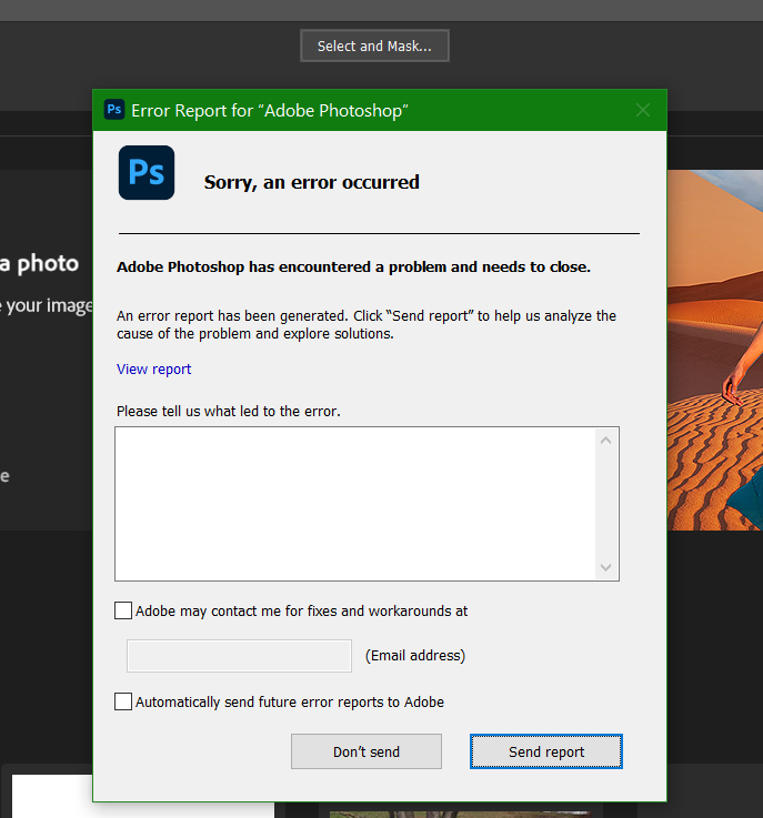 P Photoshop 23.3 has encountered an error and nee Adobe