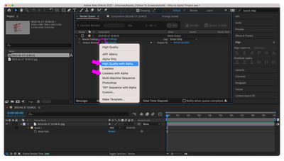 Selecting the "High Quality with alpha" Render Settings template in After Effects