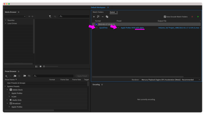 An Adobe Media Encoder render item set to "QuickTime" as the Format and "Apple ProRes 4444 with alpha" as the Preset.