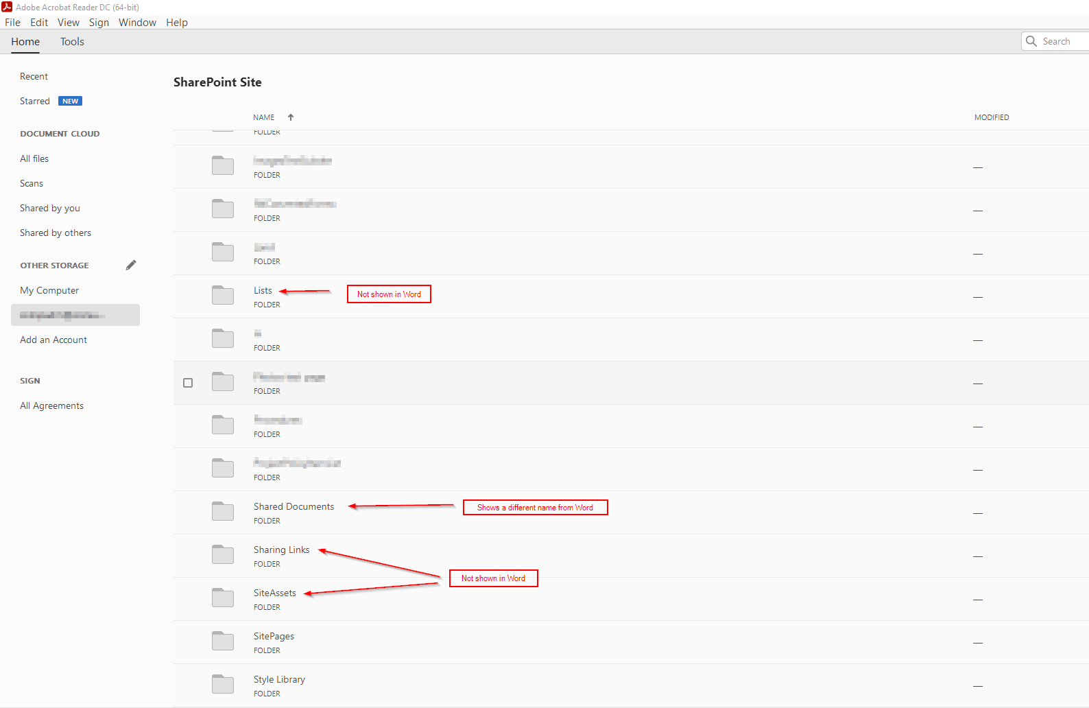 Adobe Acrobat showing different folders from Share... - Adobe Product ...