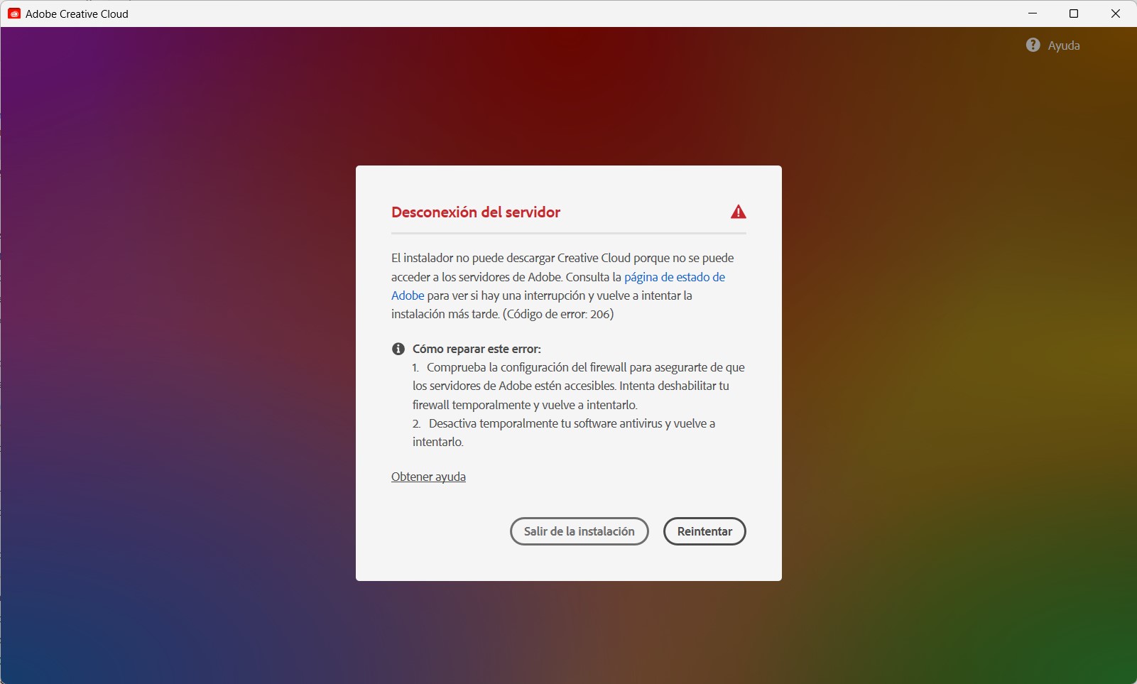Solved: Installing Creative Cloud Desktop - Error code 206 - Adobe  Community - 13045028