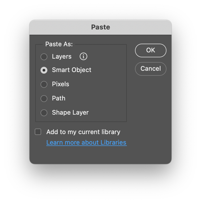 Paste options dialog box in Photoshop when pasting a Text Object from Illustrator to Photoshop