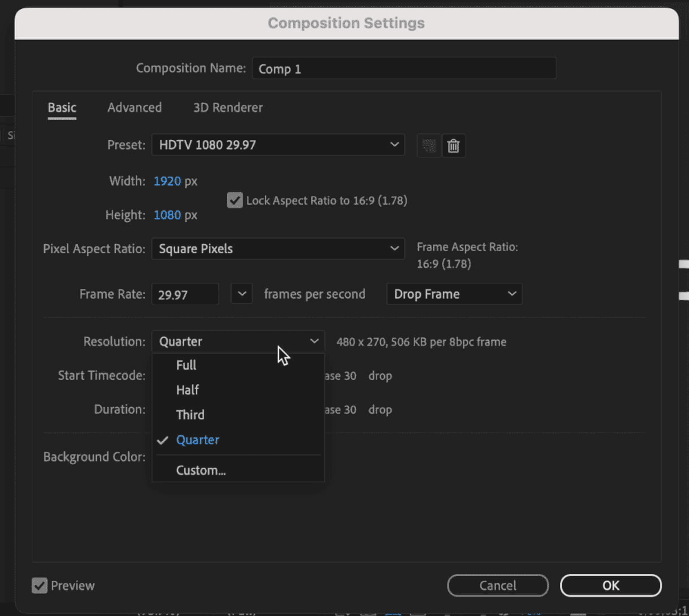 Viewing RAM requirements per frame while changing Comp Resolution in the After Effects Composition Settings dialog box