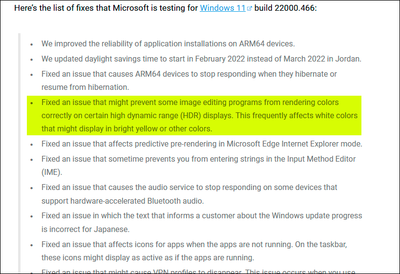 Here's the list of fixes that Microsoft is testing for Windows 11 c build 22000.466.png
