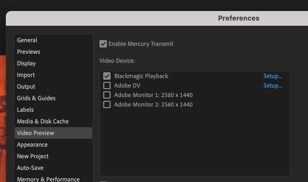 Blackmagic Playback enabled in the Mercury Transmit Video Device list