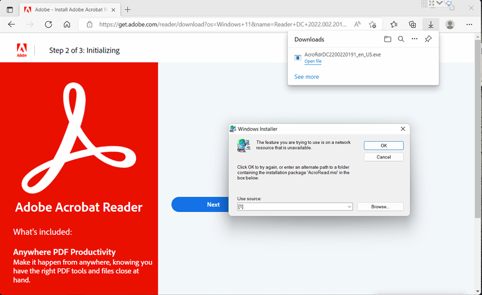 unable to download adobe acrobat reader