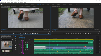 Premiere Pro with the Source patch for A1 inside a circle and the Audio Track Targets inside a rectangle.