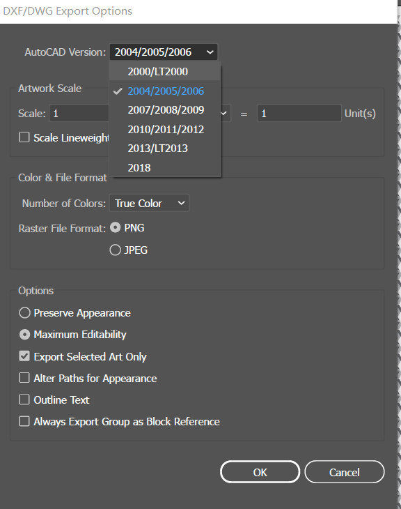 Export older versions of DXF DWG R14 or below Adobe