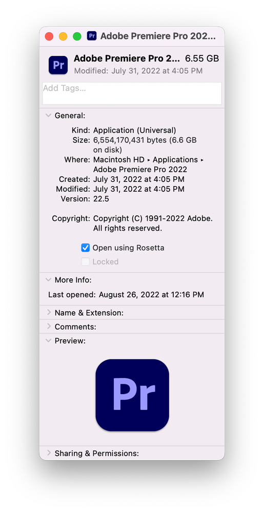 Get Info window for Premiere Pro 22.5 with Open using Rosetta enabled.