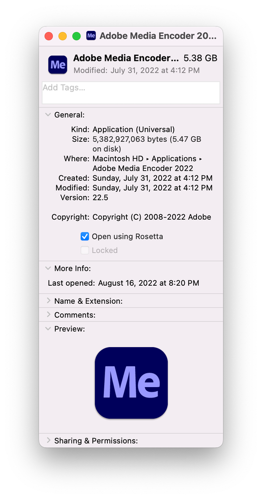 Get Info window for Media Encoder 22.5 with Open using Rosetta enabled.