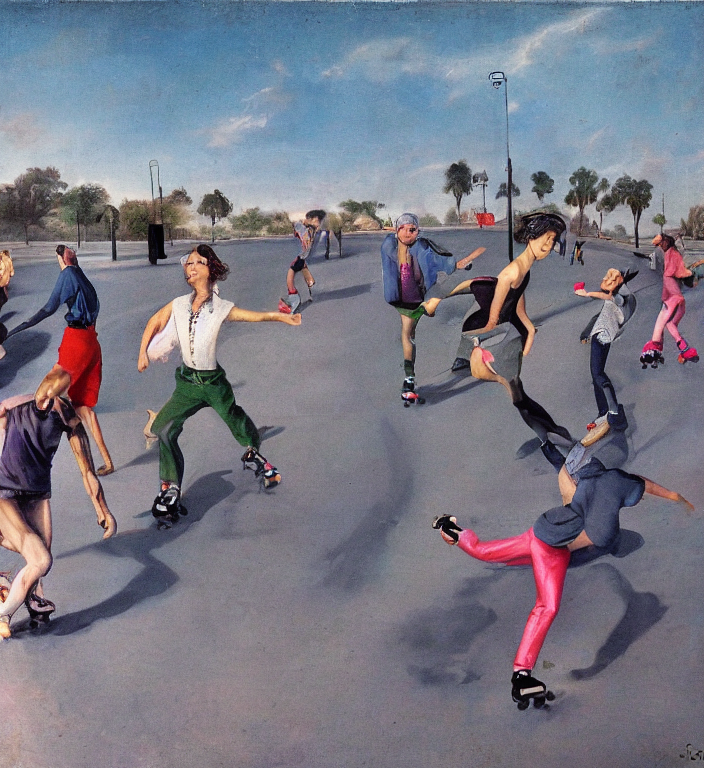 Roller skating, Hollywood outdoors, surrealism, Rembrandt