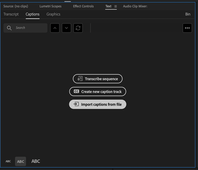 "Import captions from file" button in the Captions tab under the Text tab.