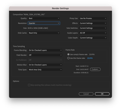 After Effects "Best Settings" Render Settings with the Resolution pop-up menu set to "Quarter".