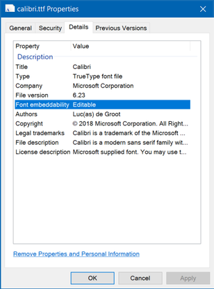 Font Properties - embedable.