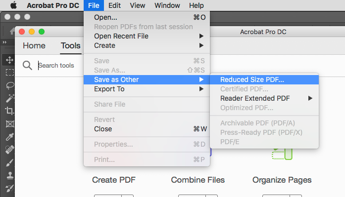 Adobe Acrobate File Pulldown Menu showing Save as Other