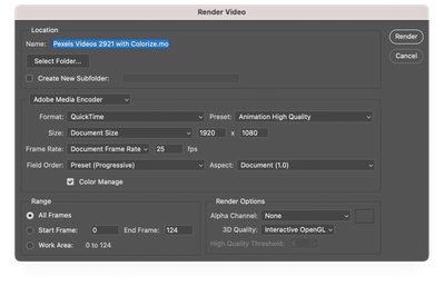 Render Video dialog box in Photoshop