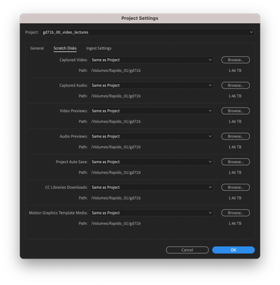 Premiere Pro Scratch Disk dialog box will all of the pop-up menus set to "Same As Project"