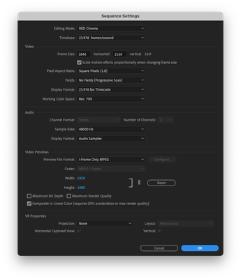 Premiere Pro Sequence settings for 3840-by-2160 Red Camera Workflow