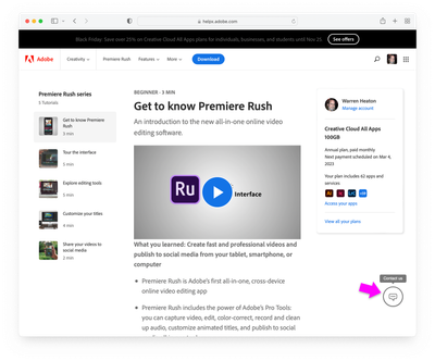 The "Contact Us" chat bubble at the lower right of the Adobe Rush Learn & Support pages