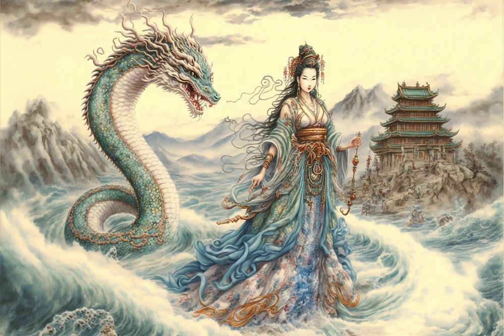 Lady White Snake Bai Suzhen and her sister Lady Green Snake Xiao Qing using their power to flood Jinshan Temple, Chinese legend The Legend of the White Snake_.jpeg