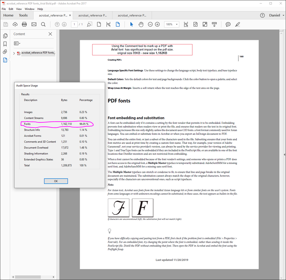 Audit Space Usage, Text Box w Arial Font