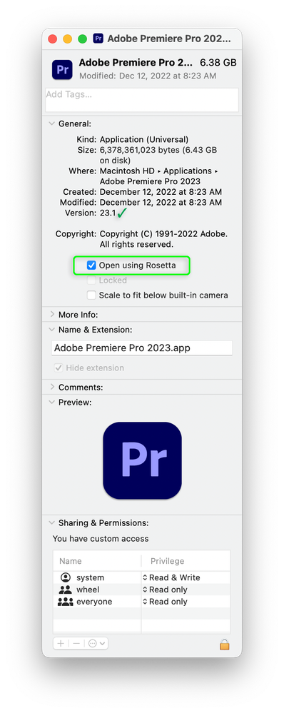 Premiere Pro version  23.1 Get Info with using Rosetta enabled