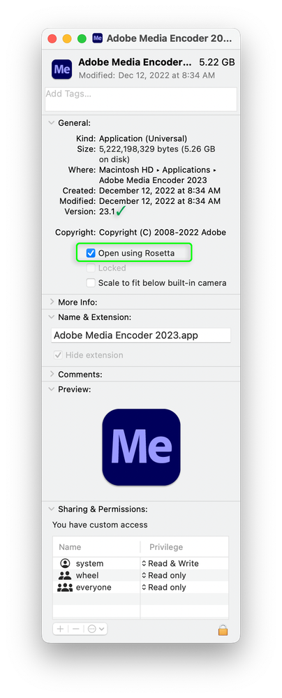 Adobe Media Encoder version 23.1 Get Info with using Rosetta enabled