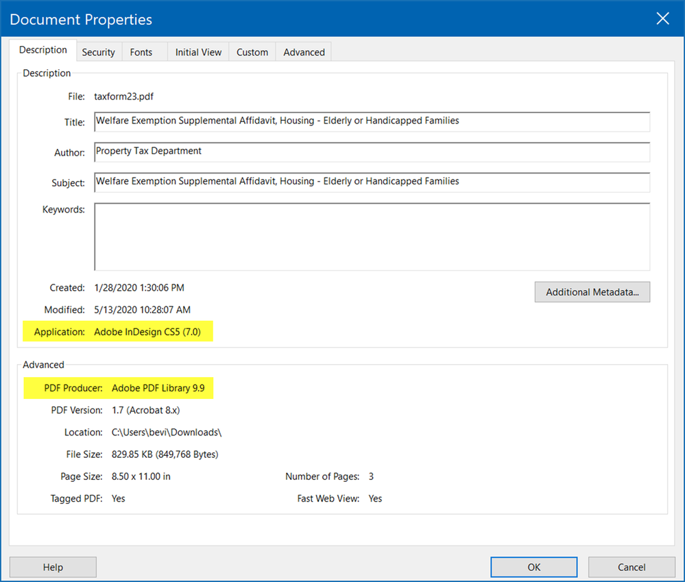 Sample of the Document Properties panel.