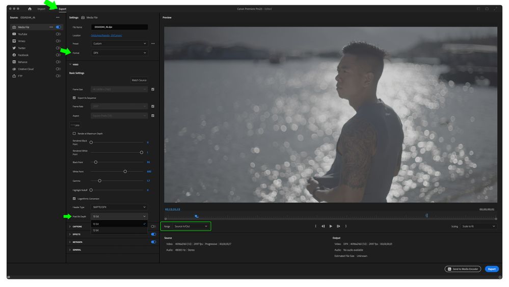 Premiere Pro 2023 Export options for DPX file format with source set to "Source In/Out"