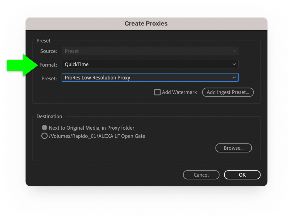 Premiere Pro 2023 Create Proxies dialog box set to QuickTime Format