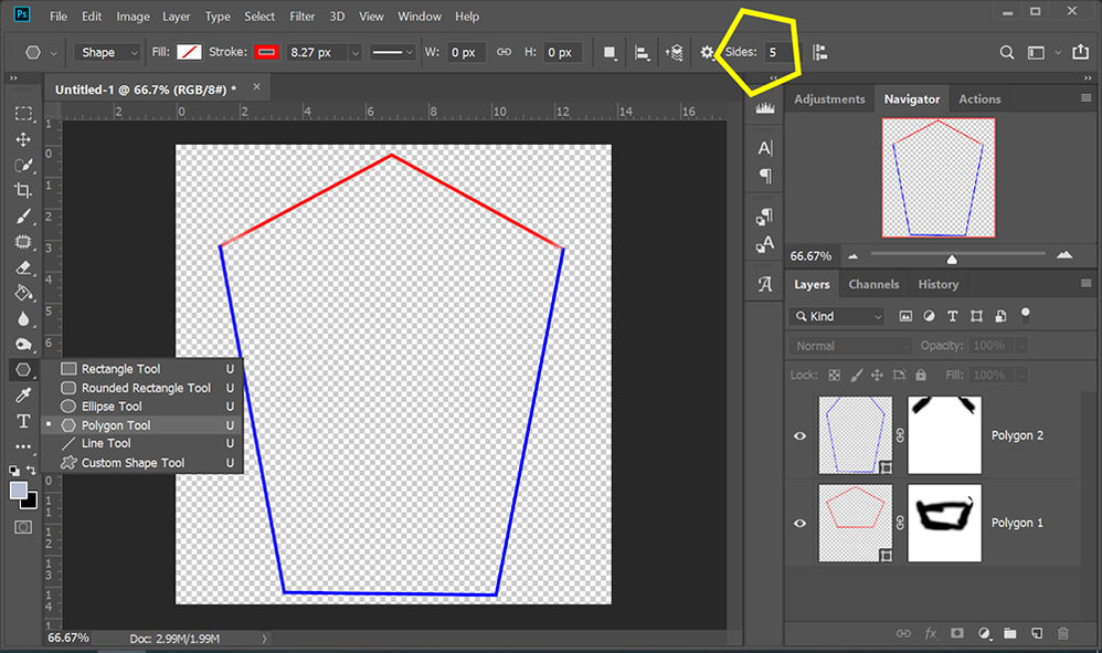 2 Polygons, different sizes, unwanted lines masked out.