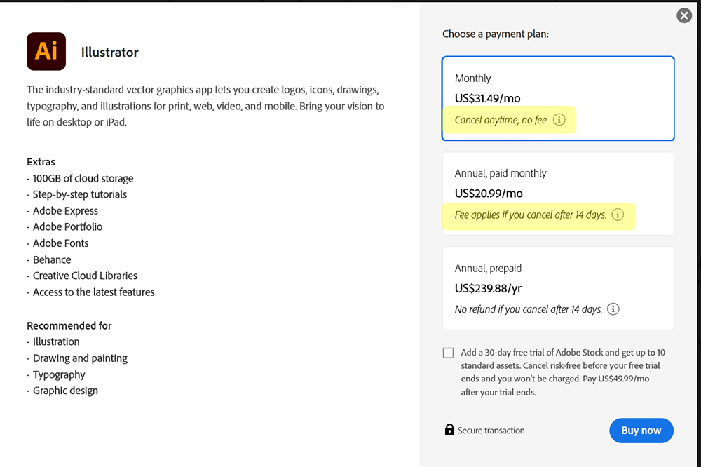 adobe annual plan paid monthly cancellation fee
