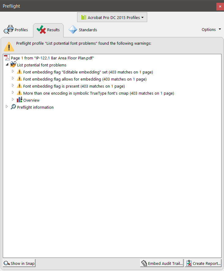Acrobat Preflight - Potential Font Problems
