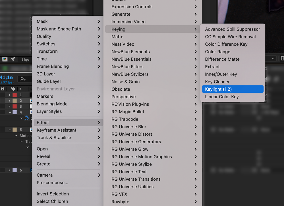After Effects 2023 - Right-click Layer and choose Effect, then Keying, and then Keylight
