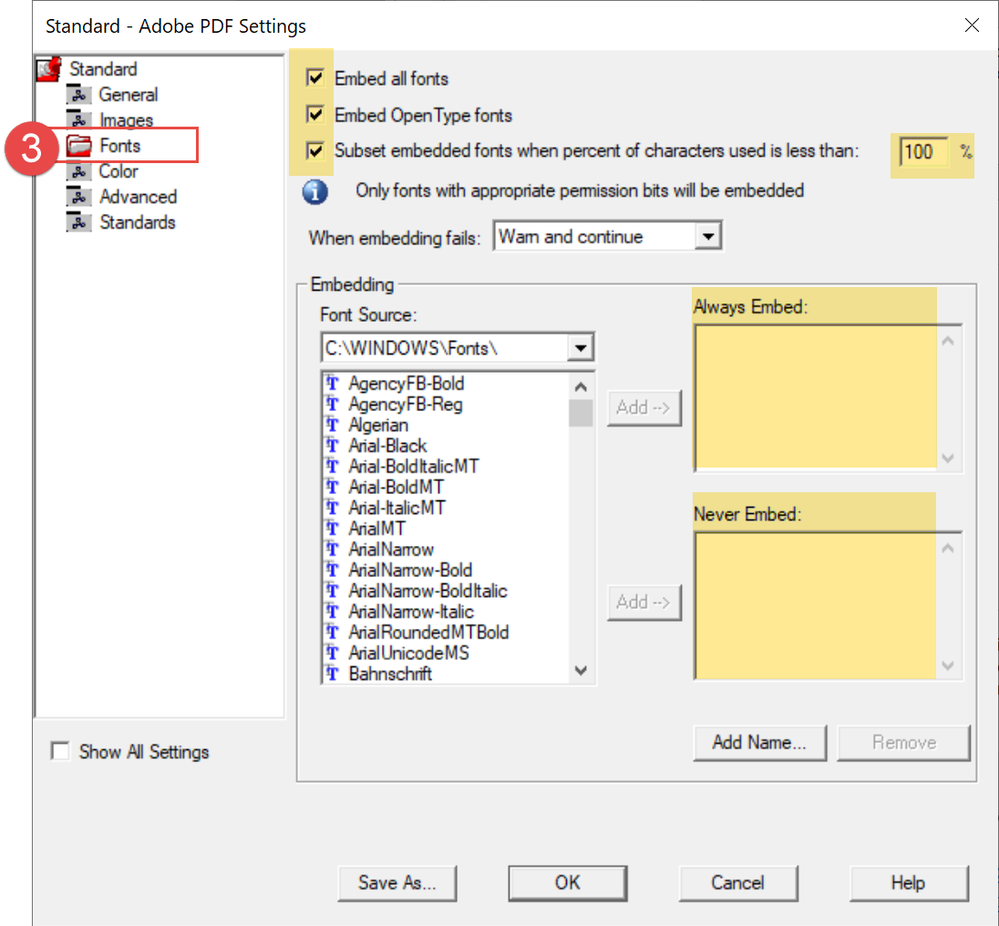 From the Fonts section (left side), choose the settings highlighted here.