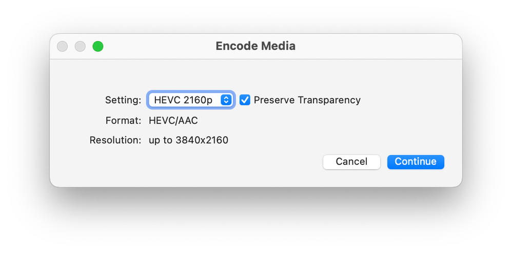 macOS Finder Encode Media dialog box set to HEVC with Preserve Transparency enabled