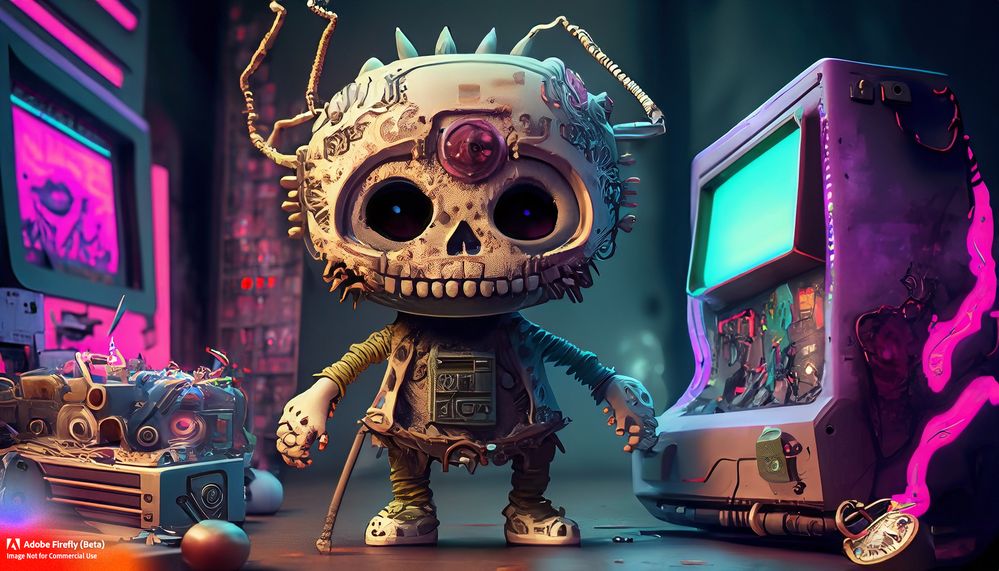 Firefly_a+plushie lovable skull-like monster made of old tech stuff from '80s in a cyberpunk environment_art_64428.jpg