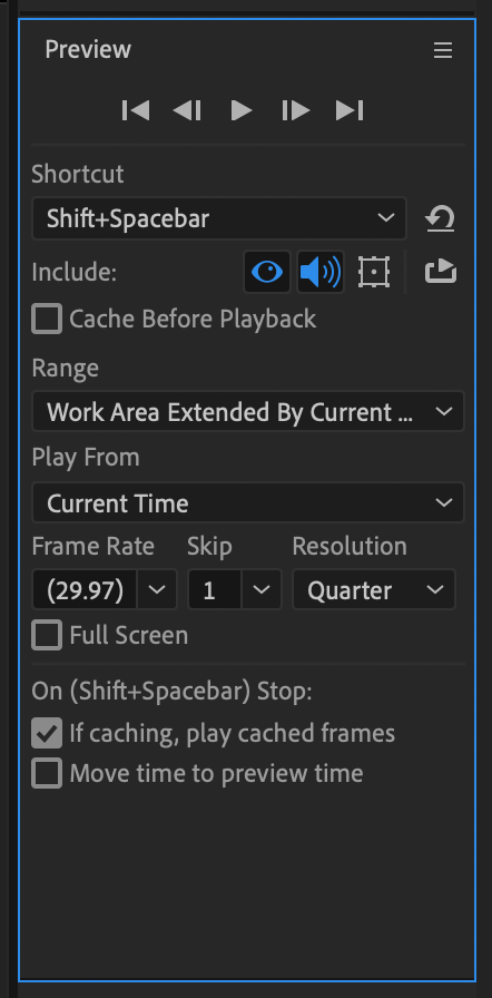 AE23 Preview Shift+Spacebar set to custom Skip 1 and Resolution Quarter