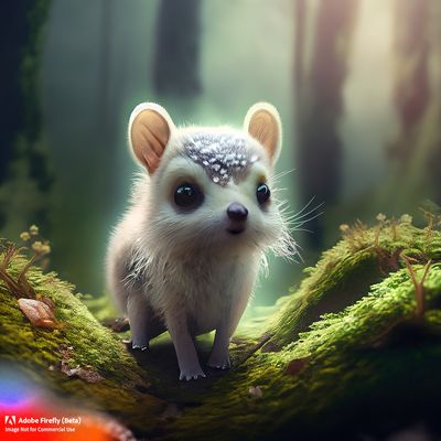 Firefly_Cute+small unidentified animal with a small cute nose that is moist in moss in a magic forest. Dimly and dreamy lit, light fog_art,digital_73235.jpg