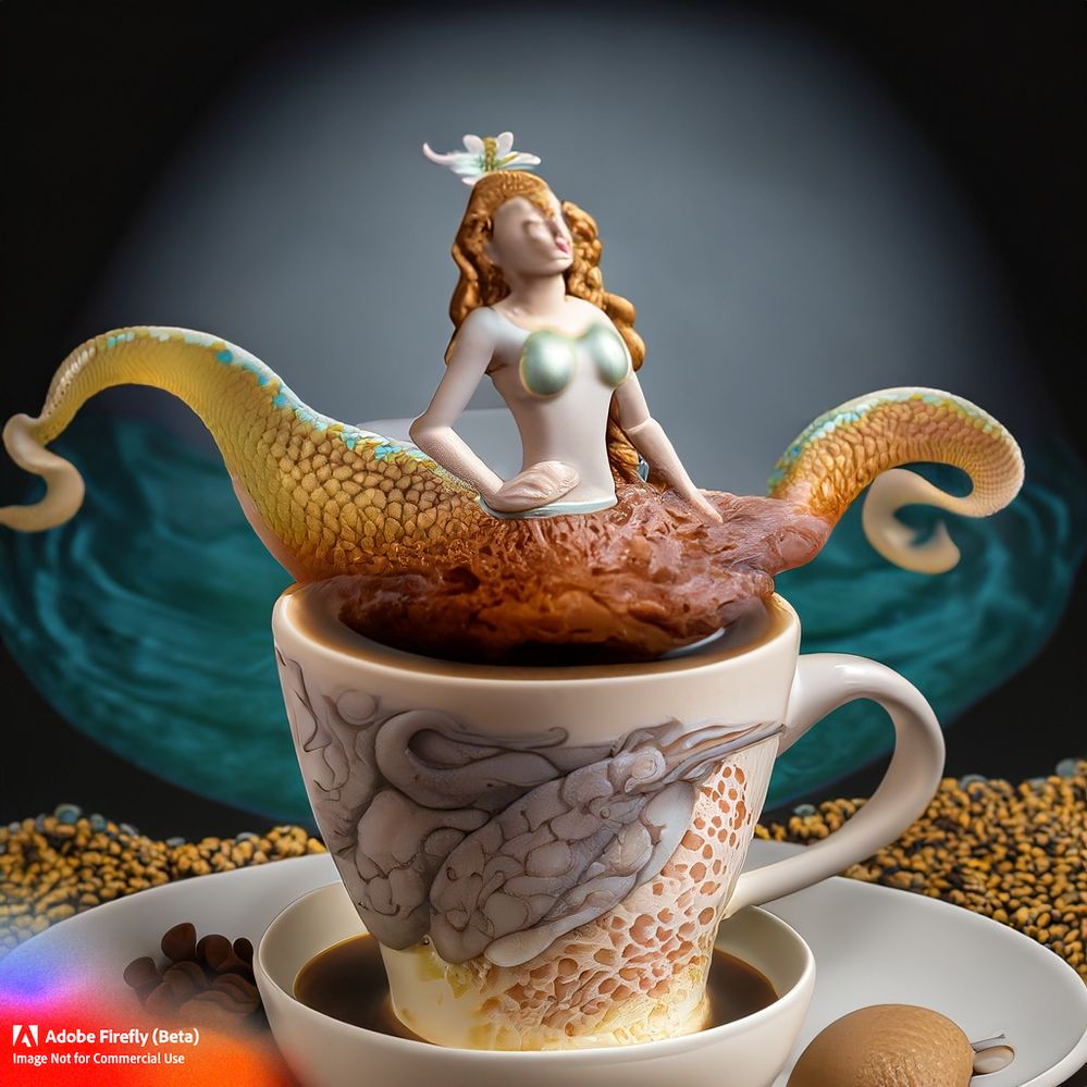 Firefly_realistic+very detailed mermaid in a big coffee cup with other coffee cups that float on a liquid coffee sea_photo,studio_light_32717.jpg