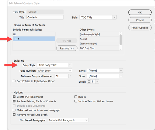 Formatting each level of the TOC entries.