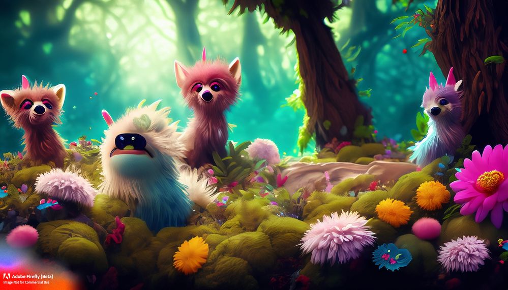 Firefly_colorful+furry creatures in a fantasy forest, flowers_photo_93357.jpg