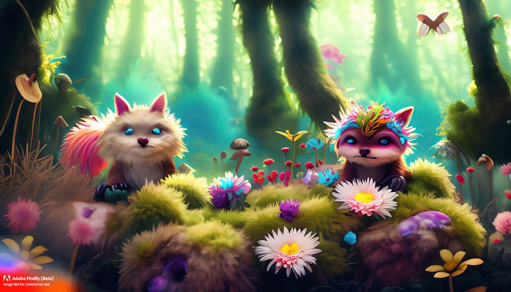 Firefly_colorful+furry creatures in a fantasy forest, flowers_photo_91890.jpg