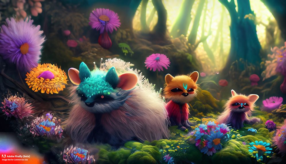 Firefly_colorful+furry creatures in a fantasy forest, flowers_photo_24141.jpg