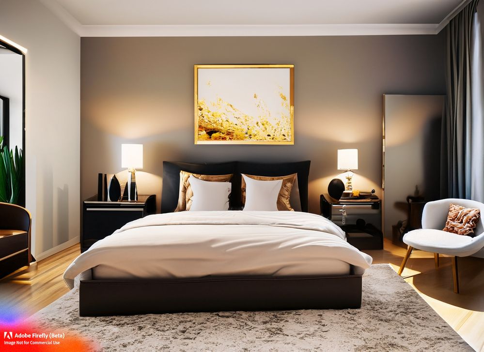 Firefly_beautiful+interior design master bedroom with modern furniture, modern paintings decorating the walls_golden_hour,warm_colors_16879.jpg