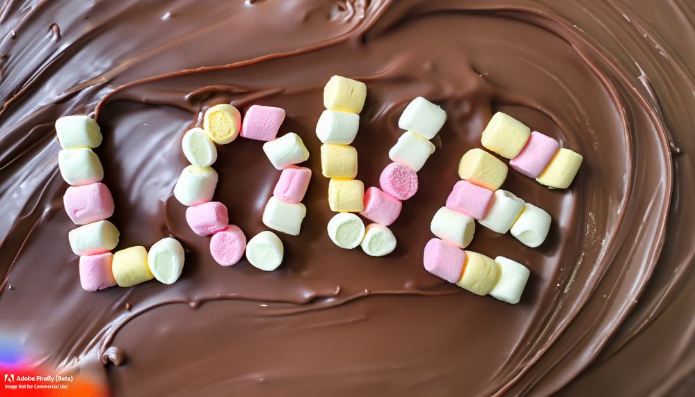 Firefly_The+word “love” made out of marshmallows floating on top of a chocolate river covered with sprinkles_40895.jpg