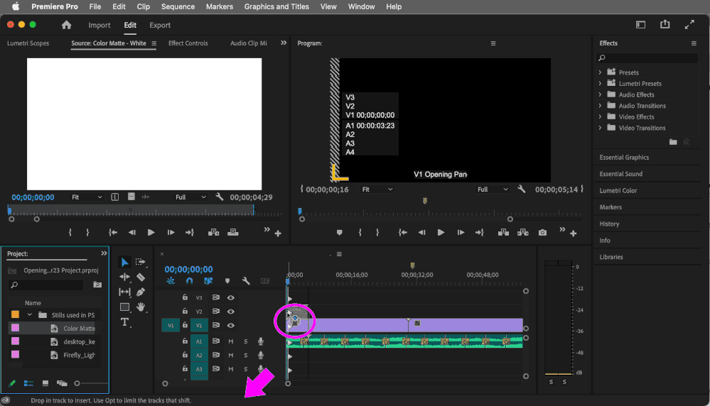 Pictured above:  Pressing and releasing the Option key during the drag and drop of a Clip in Premiere Pro 23.2.0 (Build 69) under macOS 11.7.4 Big Sur.